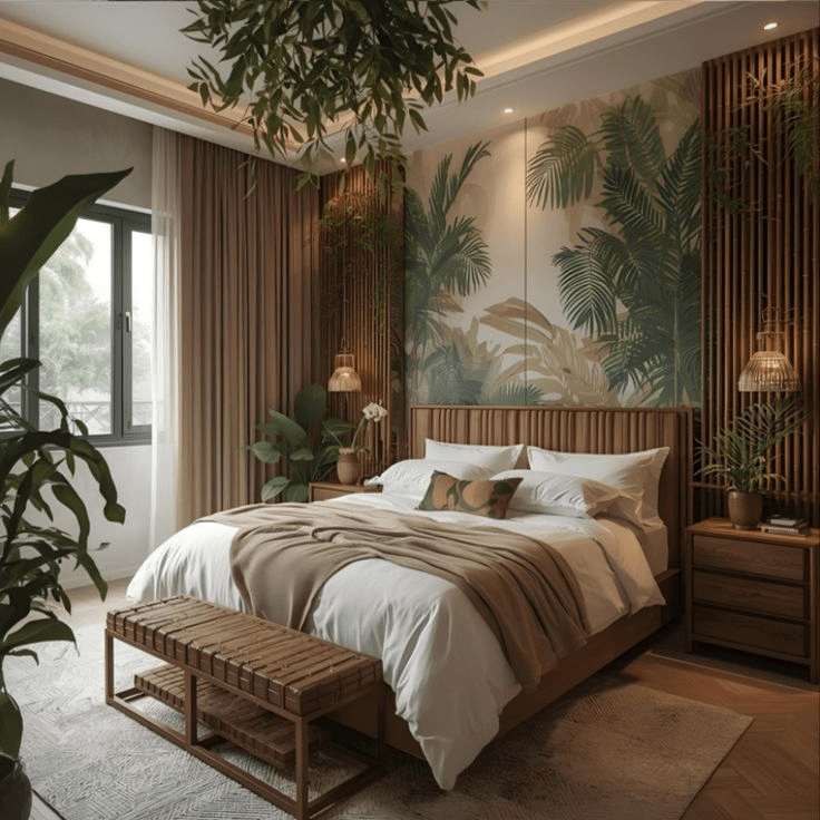 Biophilic bedroom design with tropical leaf wall mural, wooden furniture, indoor plants, and soft neutral bedding, creating a calming nature-inspired modern bedroom interior.