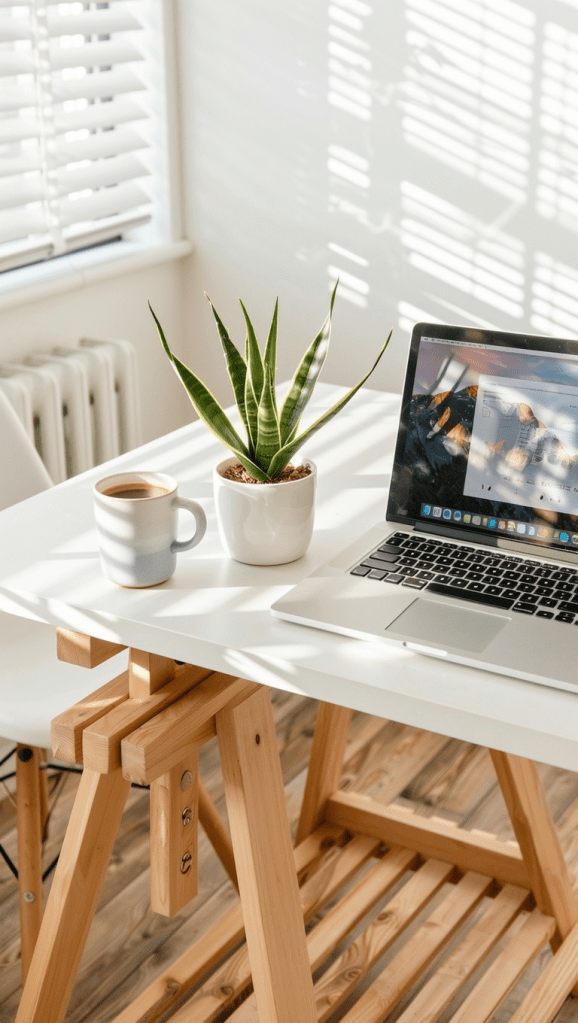 Minimalist home office desk with wooden trestle table, laptop, potted snake plant, and coffee mug, styled in a bright sunlit workspace with natural light and Scandinavian decor.