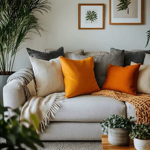 Cozy neutral living room with beige sofa styled with burnt orange accent pillows, soft textured throw blanket, indoor plants, and botanical wall art for a warm modern home decor look.