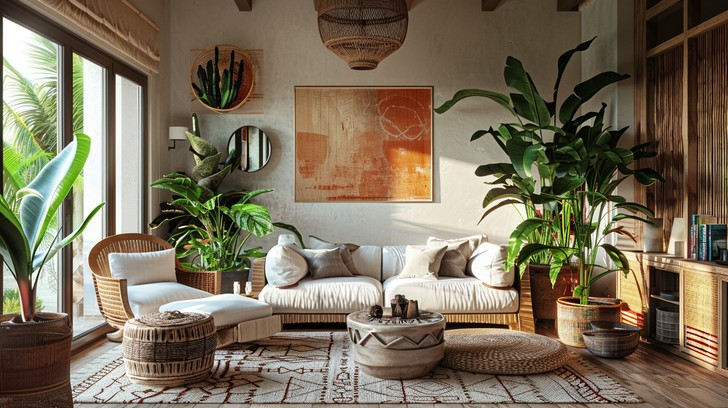 Sun-filled boho living room with neutral sofa, layered natural textures, woven furniture, lush indoor plants, and warm earthy decor creating a serene Mediterranean-inspired interior.