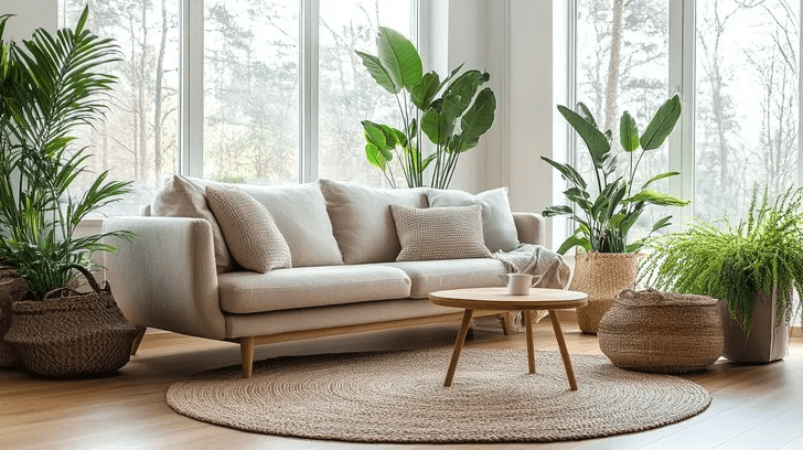 Bright Scandinavian living room with beige sofa, natural wood furniture, woven rug, and lush indoor plants near large windows creating a calm, minimalist, nature-inspired interior.