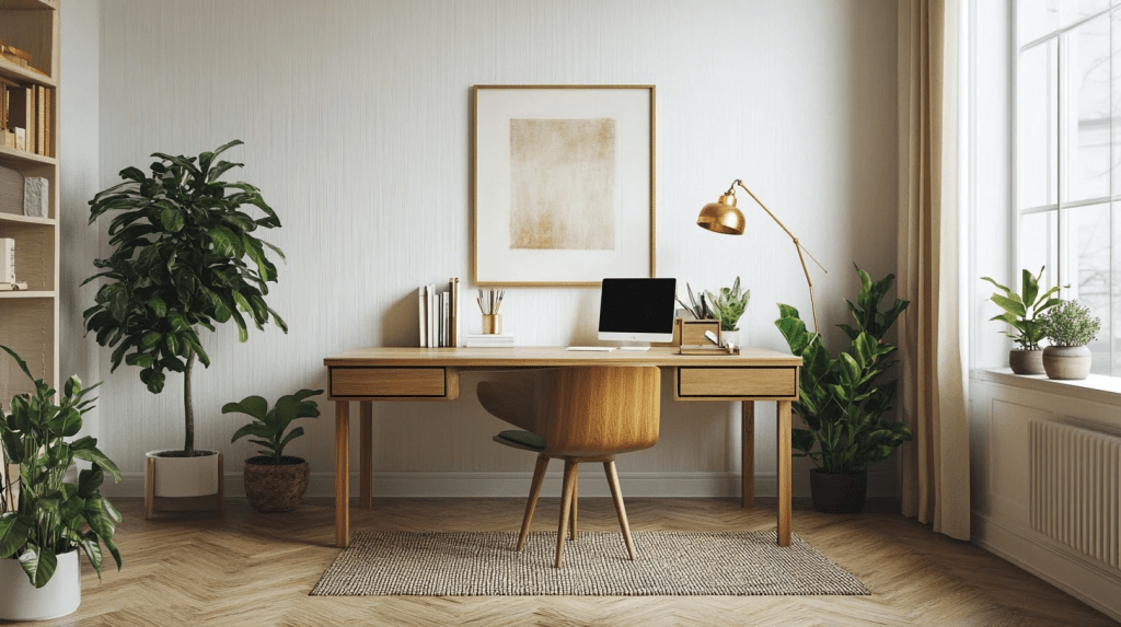 Minimalist home office with wooden desk, ergonomic chair, brass desk lamp, indoor plants, and large window, creating a calm, natural, and productivity-focused workspace.