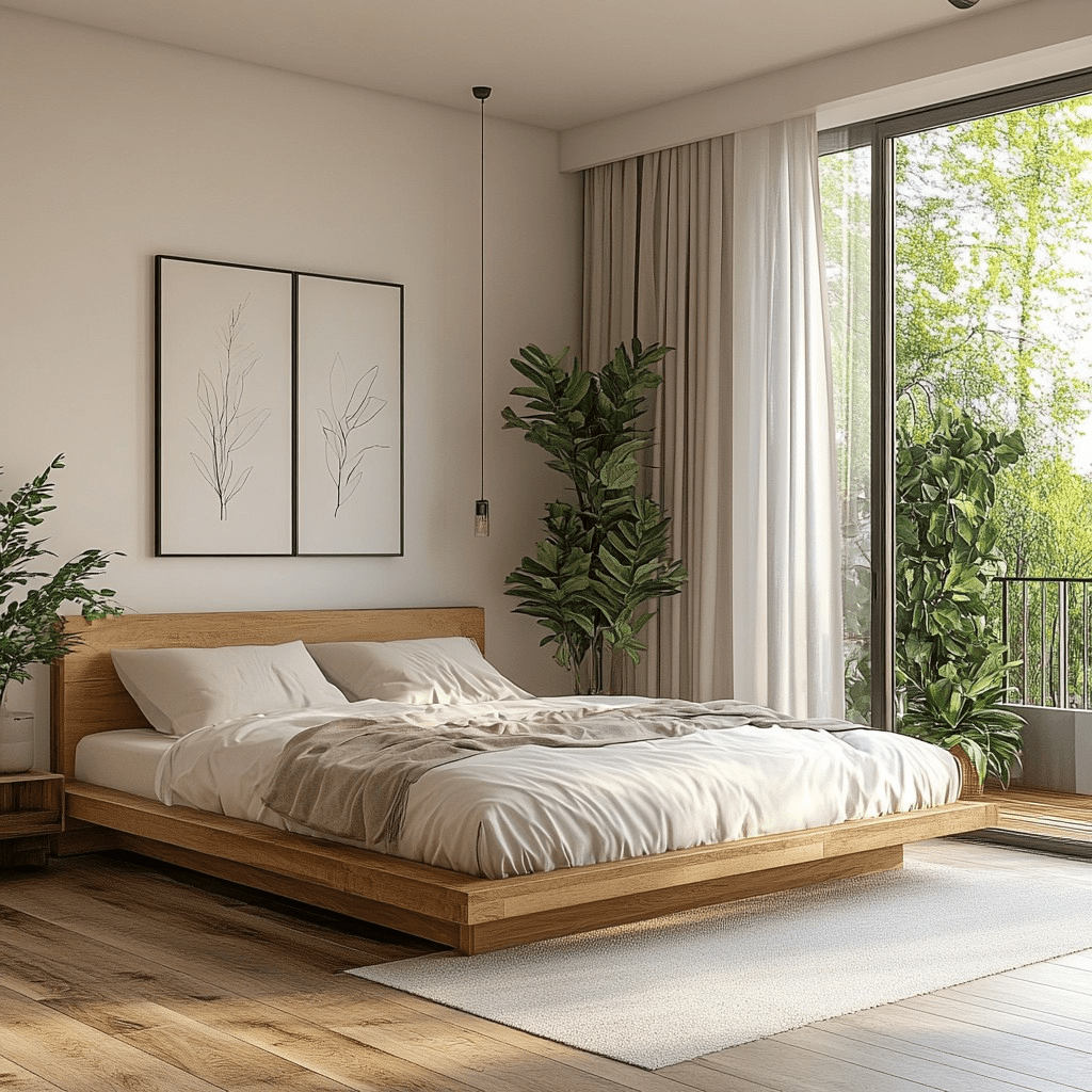 Modern Japandi bedroom with low wooden platform bed, neutral bedding, indoor plants, minimalist wall art, and large window opening to lush greenery, creating a calm, natural, and serene sleep space.