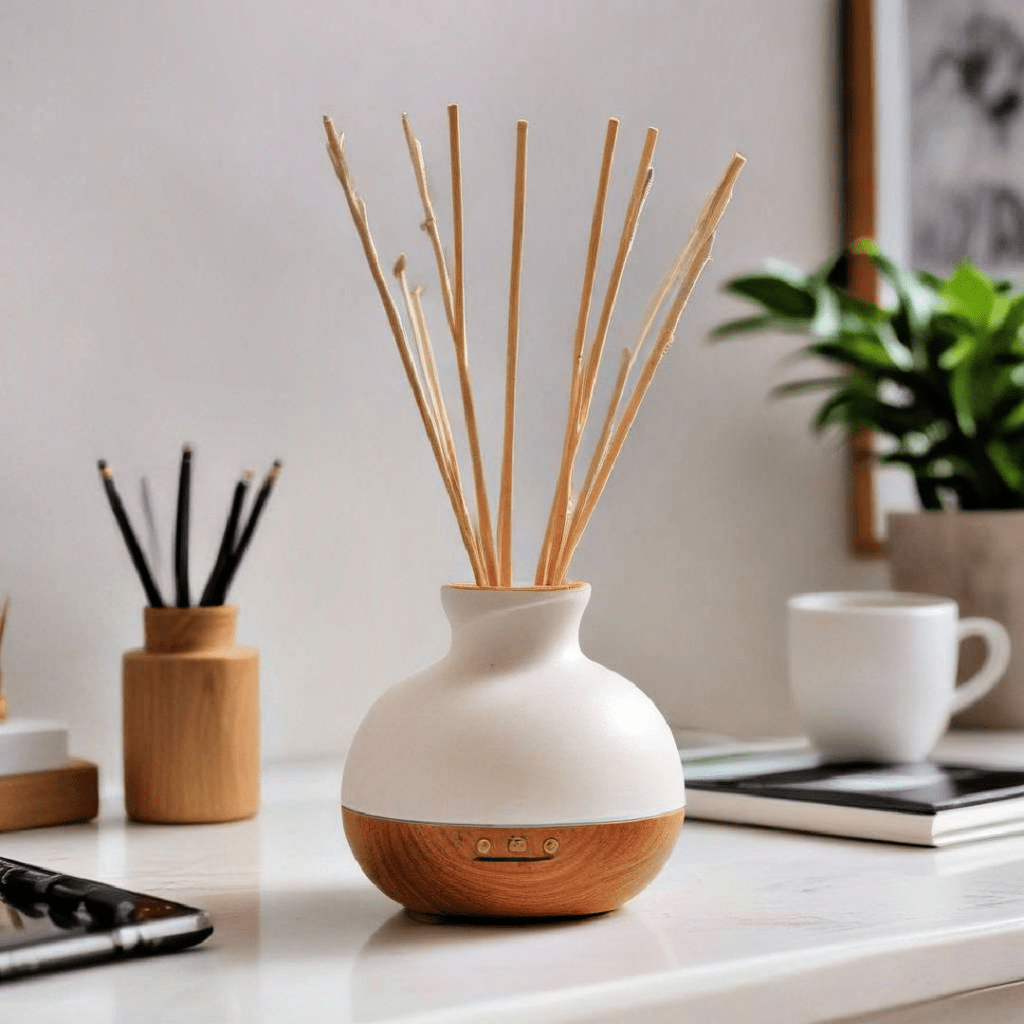 “Modern ceramic and wood reed diffuser placed on a minimalist home office desk, surrounded by stationery, a coffee mug, and indoor plants, creating a calming aromatherapy workspace.”