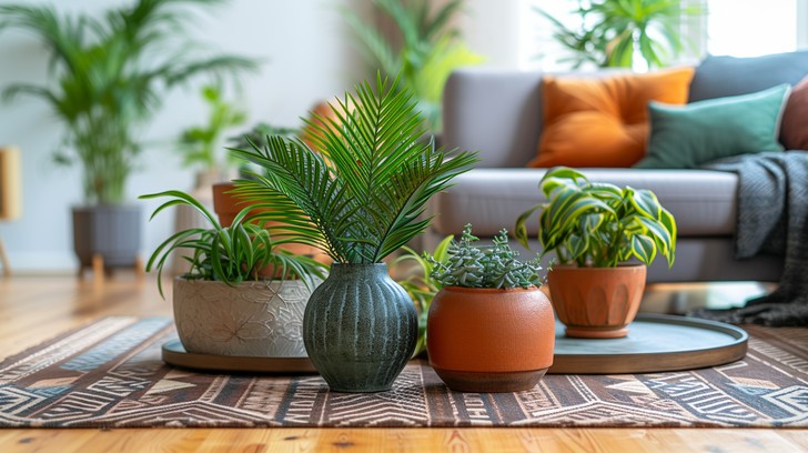 Indoor plants styled on a patterned rug in a modern living room, featuring decorative planters, natural textures, and greenery for a cozy, biophilic home decor look.