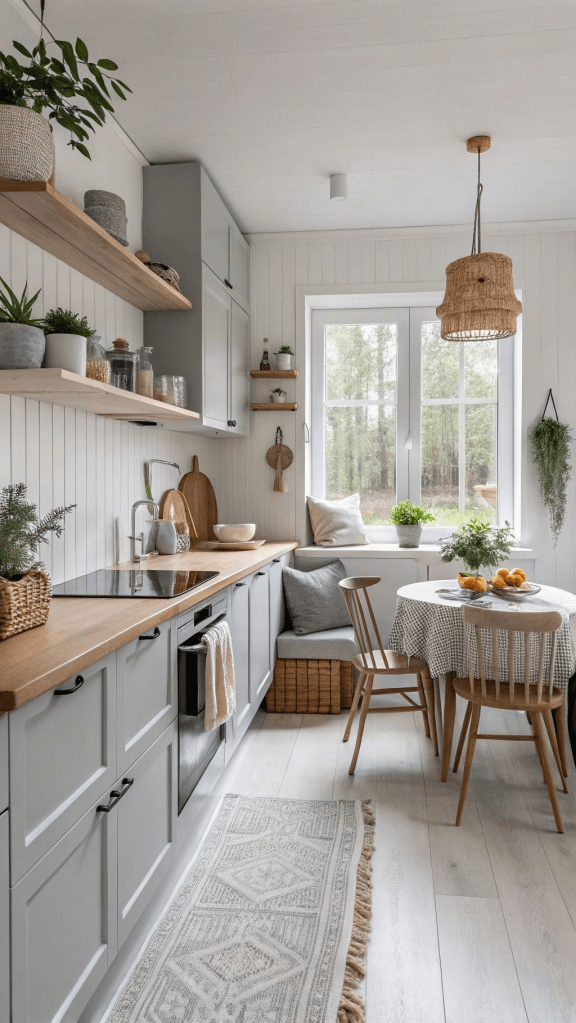 Scandinavian-style small kitchen with light gray cabinets, wooden countertops, open shelves, and a cozy breakfast nook, featuring natural textures, indoor plants, and soft neutral decor.
