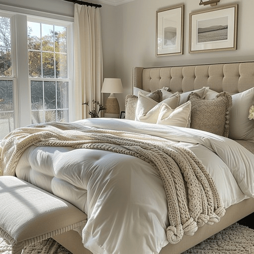 Bright neutral bedroom with upholstered tufted bed, white bedding and layered textured throw, large window with natural light, and cozy minimalist bedroom decor inspired by modern farmhouse and serene home styling.