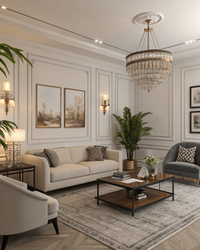 Elegant classic living room with beige sofa, upholstered armchairs, crystal chandelier, paneled walls, and neutral decor, featuring refined traditional interior design with soft lighting, framed wall art, and a cozy luxury atmosphere.