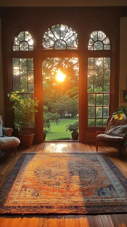 Sunlit living room with large arched windows, warm golden hour light, indoor plants, vintage area rug, and cozy seating, creating a serene biophilic interior design with natural wood floors and relaxing home ambiance.