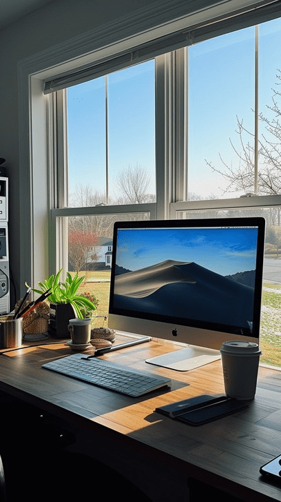 “Minimalist home office setup with iMac desk by window, natural wood workspace, indoor plants, and cozy productivity-focused work-from-home decor.”