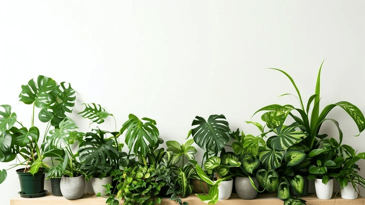 Collection of indoor houseplants on a shelf, including monstera, pothos, and tropical foliage plants, creating a biophilic home decor wall display for improved air quality and modern interior styling.