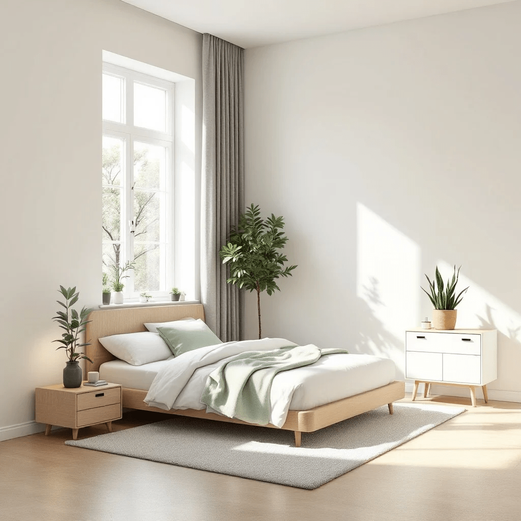 Minimalist Scandinavian bedroom with light wood bed frame, neutral bedding, indoor plants, large window with natural light, and modern nightstand decor for a calm, biophilic interior design aesthetic.