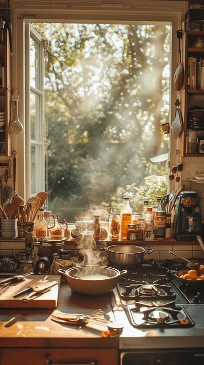 Sunlit cozy kitchen interior with open window, steaming pot on stove, wooden countertops, jars of spices and ingredients, warm natural light, and rustic home cooking workspace for aesthetic kitchen decor inspiration.