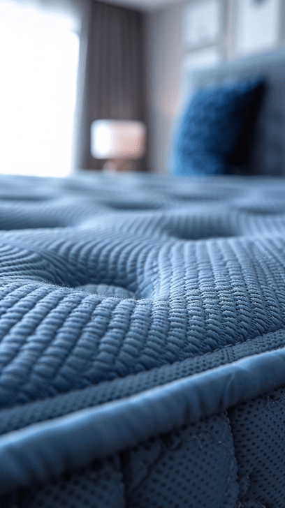 Close-up of blue quilted mattress topper texture on a modern bed, showcasing breathable fabric and comfortable bedroom bedding design.