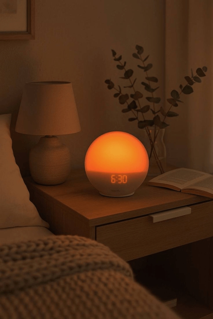Sunrise alarm clock lamp on wooden bedside table creating a cozy bedroom ambiance for better sleep, mindful mornings, and calming home decor