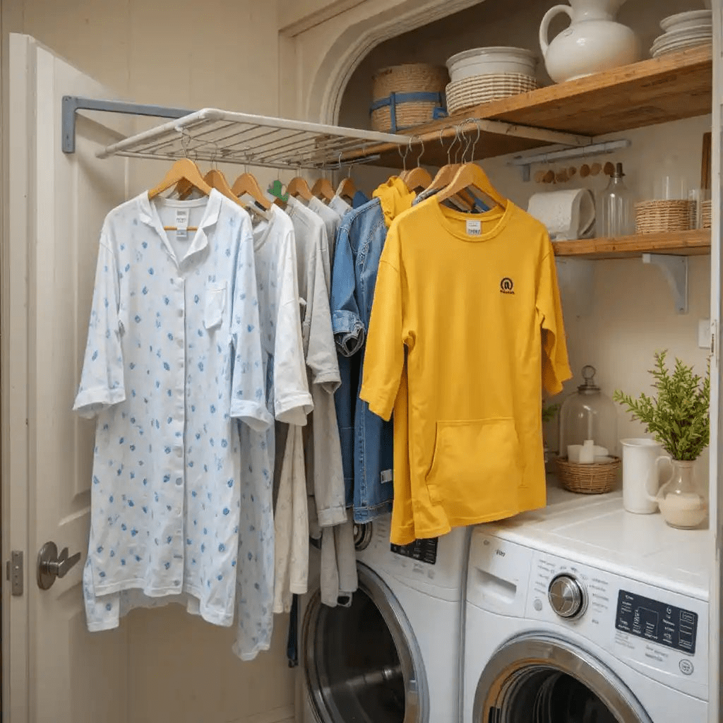Minimalist small laundry room closet with wall-mounted drying rack, hanging clothes, stacked washer and dryer, and open wooden shelves for organized home storage.