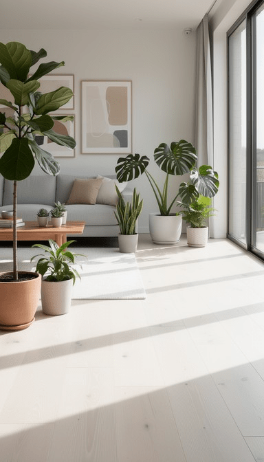 Bright minimalist living room with indoor plants, floor-to-ceiling windows, neutral sofa, and natural light creating a modern biophilic home decor atmosphere.
