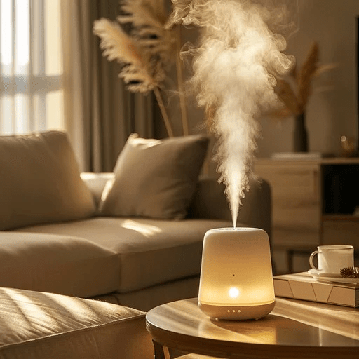 Minimalist essential oil diffuser releasing mist on a wooden coffee table in a cozy living room, creating a calming aromatherapy atmosphere for stress relief, relaxation, and mindful home décor.
