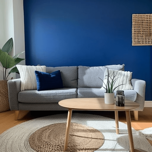 Modern living room with deep blue accent wall, gray sofa, wooden coffee table, round jute rug, and indoor plants, minimalist Scandinavian home decor inspiration.