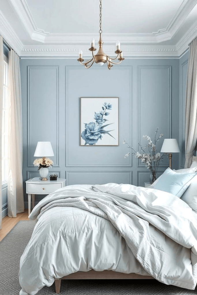 Light blue bedroom with paneled walls, white bedding, classic chandelier lighting, and elegant nightstands, showcasing soft blue wall color ideas for a calming modern classic bedroom design.