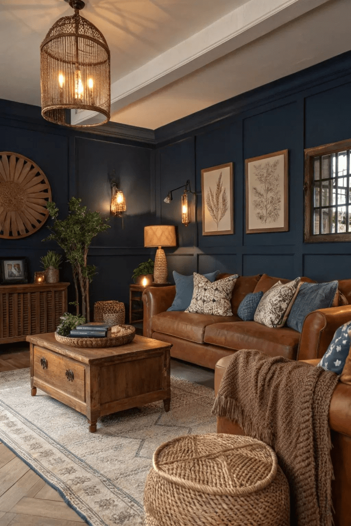 Cozy dark blue living room with brown leather sofa, boho farmhouse decor, woven pendant lights, wooden coffee table, textured rug, and warm ambient lighting for modern home interior design inspiration