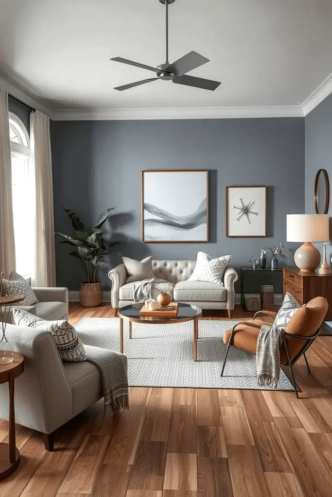 Modern gray living room with ceiling fan, neutral sofa, accent chairs, wooden floor, round coffee table, indoor plants, and contemporary wall art in a bright minimalist home interior.