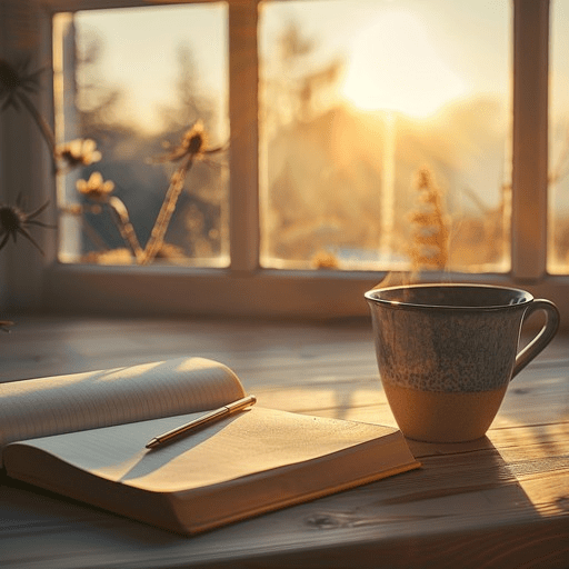 Morning sunlight on a wooden desk with a ceramic coffee mug, open notebook, and pen by the window, creating a calm mindful routine for journaling, productivity, and slow living lifestyle inspiration.