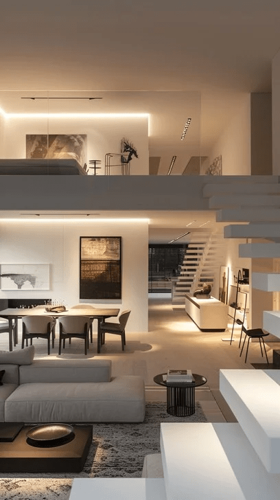 Luxury modern loft interior with open-plan living and dining area, floating staircase, warm ambient lighting, and minimalist furniture, showcasing contemporary home decor, architectural lighting design, and elegant neutral interior styling.