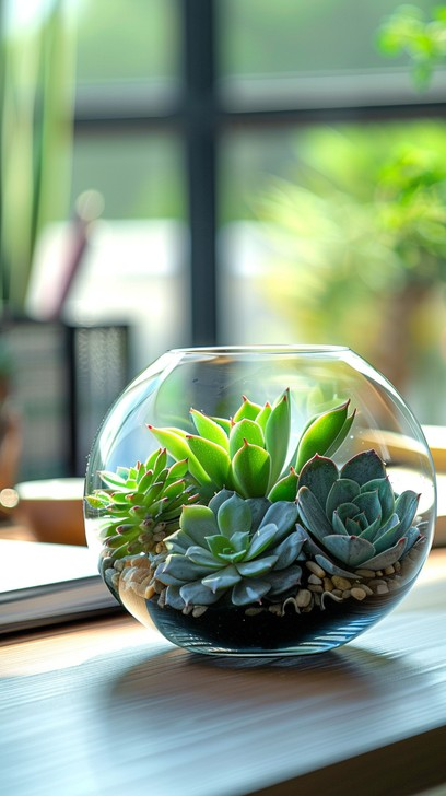 “Succulent terrarium in a round glass bowl on a desk, featuring mixed succulents and pebble soil layers in a bright modern home office.”