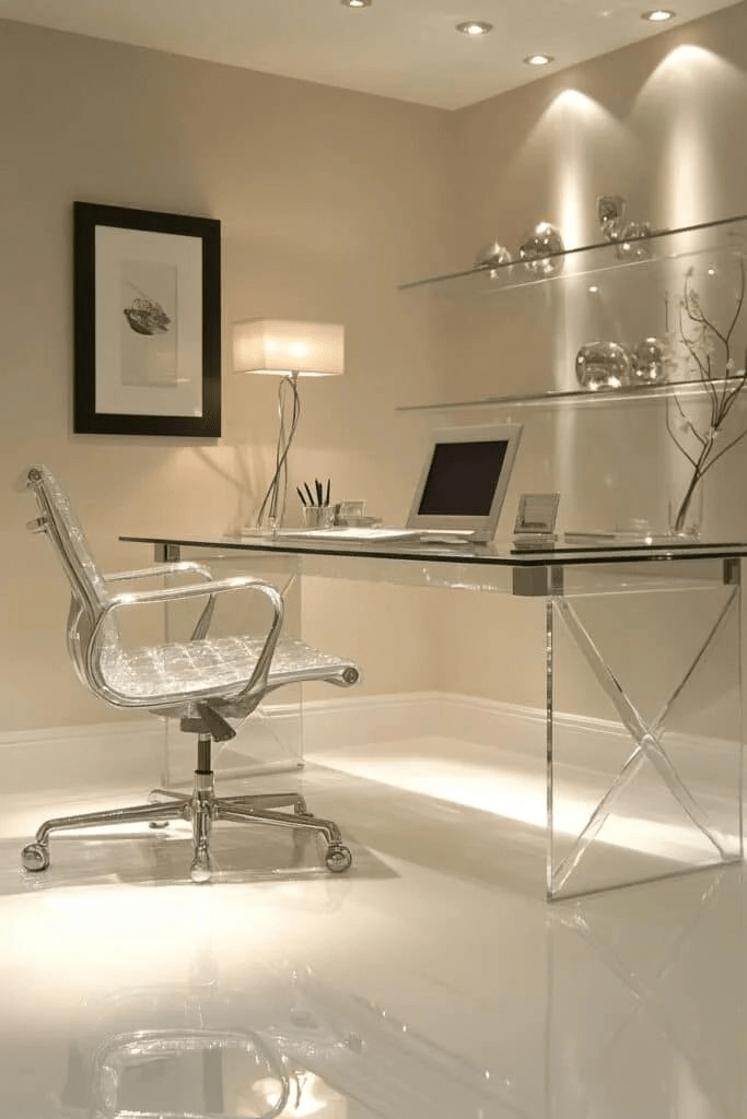 “Modern minimalist home office with glass desk, clear acrylic chair, floating glass shelves, and soft ambient lighting in a neutral room.”