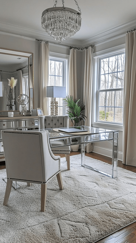 “Glam home office with mirrored glass desk, crystal chandelier, neutral curtains, and elegant upholstered chairs in a bright corner workspace.”