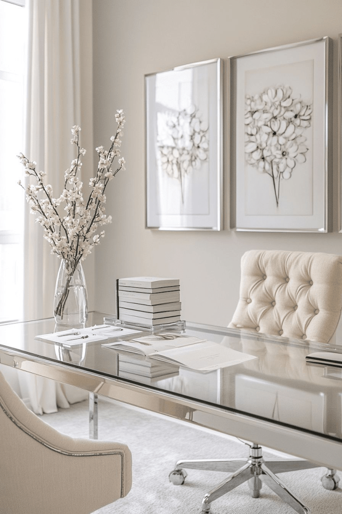 “Neutral luxury home office with glass desk, tufted beige chairs, minimalist wall art, and soft natural light for a chic workspace.”