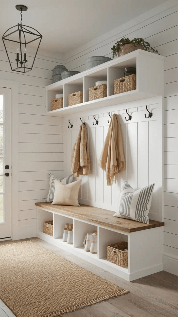 “Built-in entryway mudroom storage with wood bench seat, wall hooks for coats and scarves, upper cubby shelves, and basket organizers.”