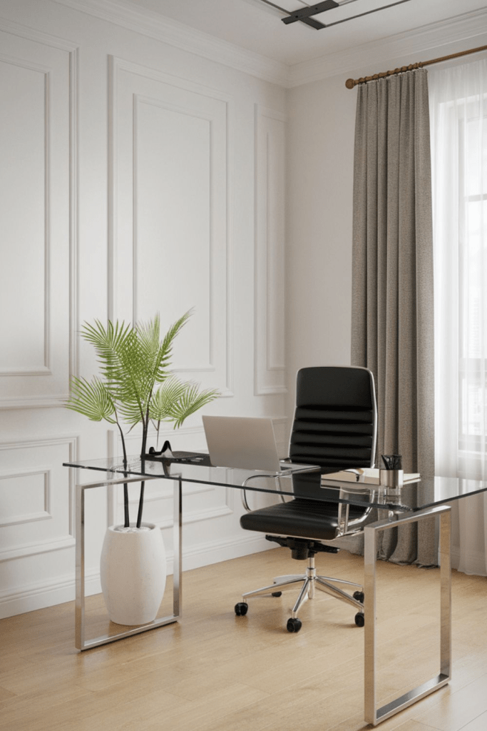 “Modern minimalist workspace with glass desk, black office chair, laptop setup, white wall molding, and Scandinavian neutral decor.”