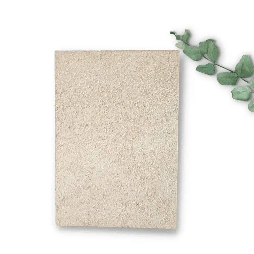 “Natural mycelium wall panel sample in beige, sustainable mushroom-based acoustic panel with textured surface and minimalist styling.”