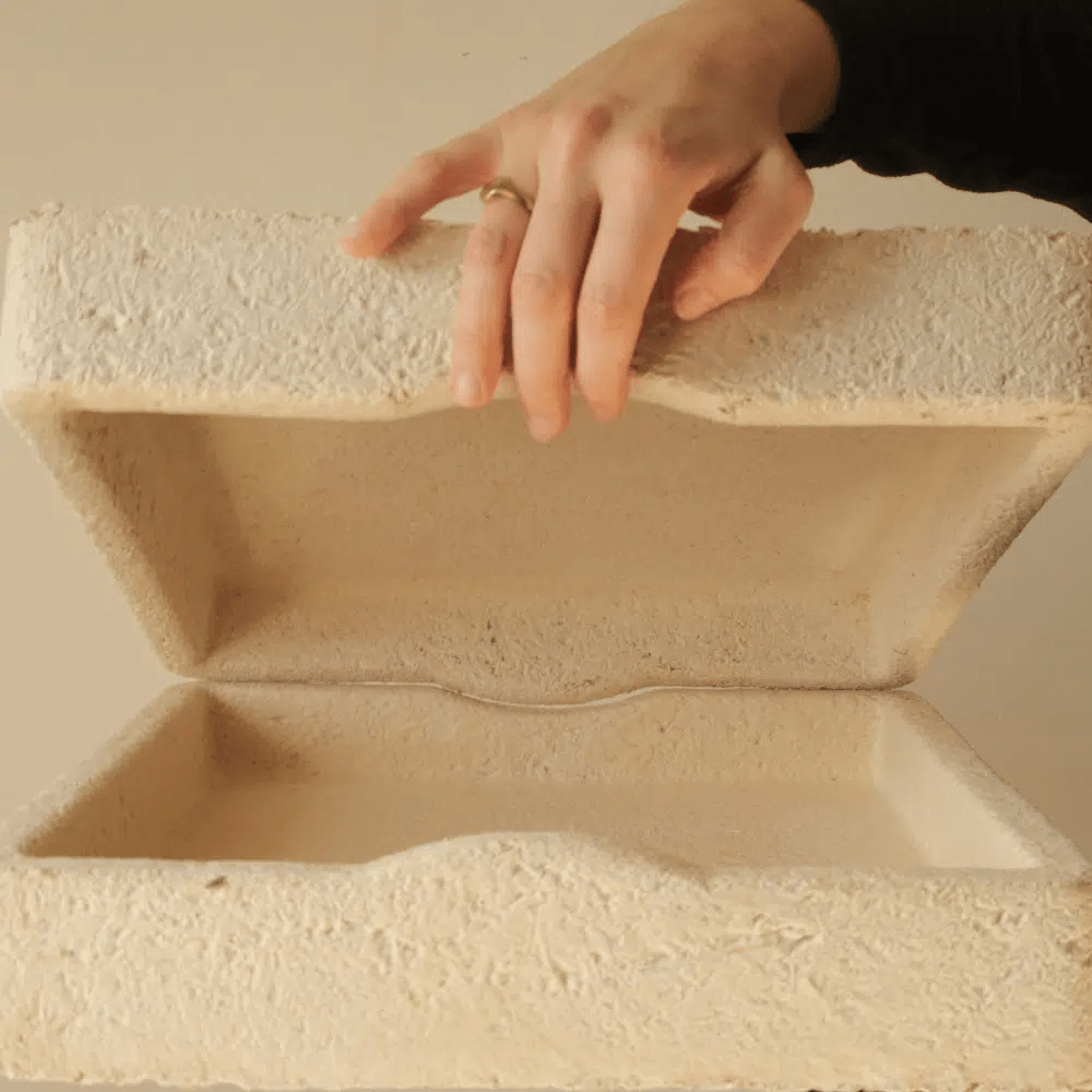 “Hand opening a beige mycelium packaging box, sustainable mushroom-based biodegradable container with molded texture.”