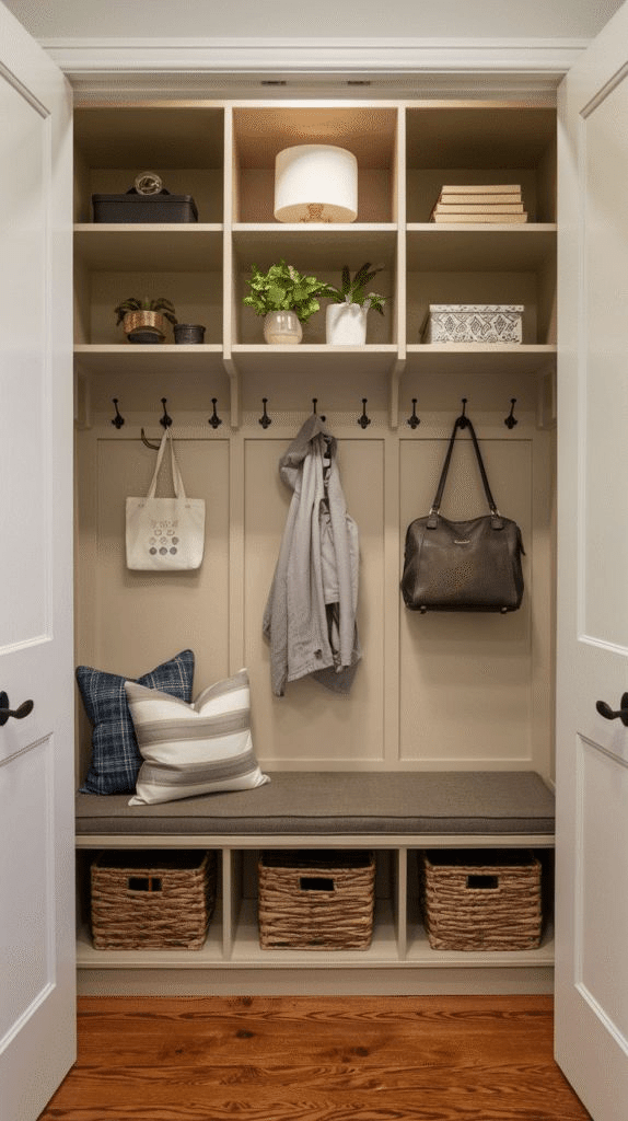 “Entryway closet organization idea with built-in mudroom bench, wall hooks for coats and bags, overhead shelves, and basket cubbies below.”