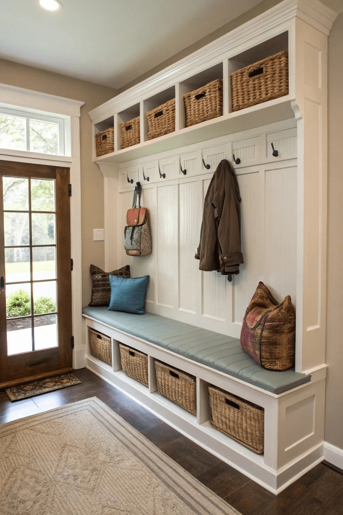 “Family mudroom drop zone with built-in bench, storage cubbies and baskets, coat rack hooks, and organized entryway beside the front door.”