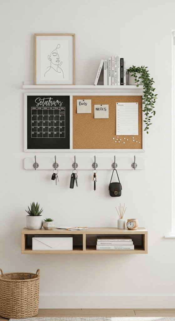 “Minimalist entryway command center with wall organizer shelf, cork board, monthly calendar, key hooks, and floating console shelf.”