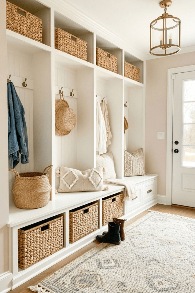 “Entryway mudroom organization with built-in cubbies and bench, wicker baskets, beadboard panels, coat hooks, and light neutral styling.”
