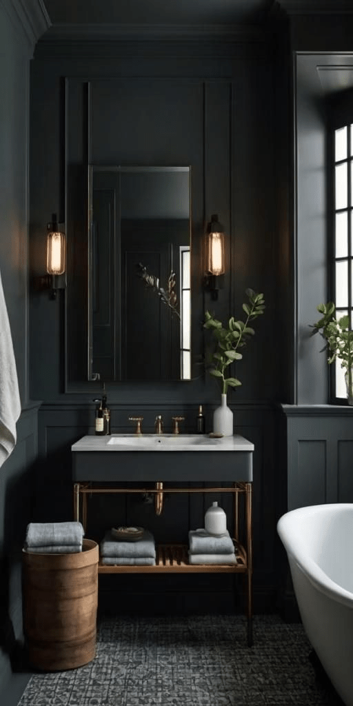Moody dark navy bathroom with brass console vanity, white sink, tall mirror, twin sconces, window, towels and basket