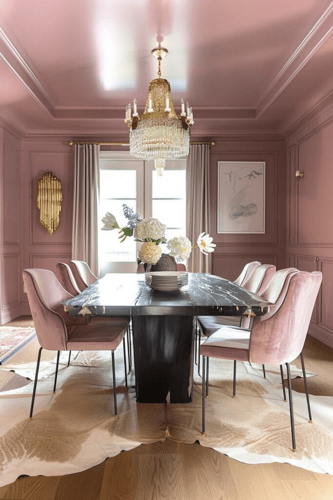 "Modern monochromatic pink dining room with velvet chairs, black marble table, and crystal chandelier.