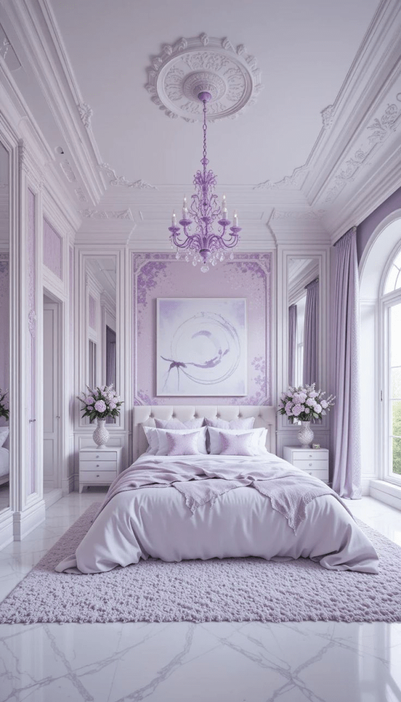 Lavender color-drenched luxury bedroom with ornate wall molding, crystal chandelier, lilac bedding, and marble floor.