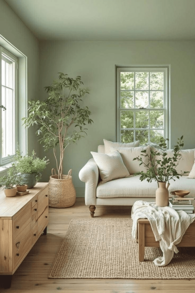 Sage green color-drenched living room with cream sofa, natural wood furniture, woven rug, and indoor plants by bright windows.