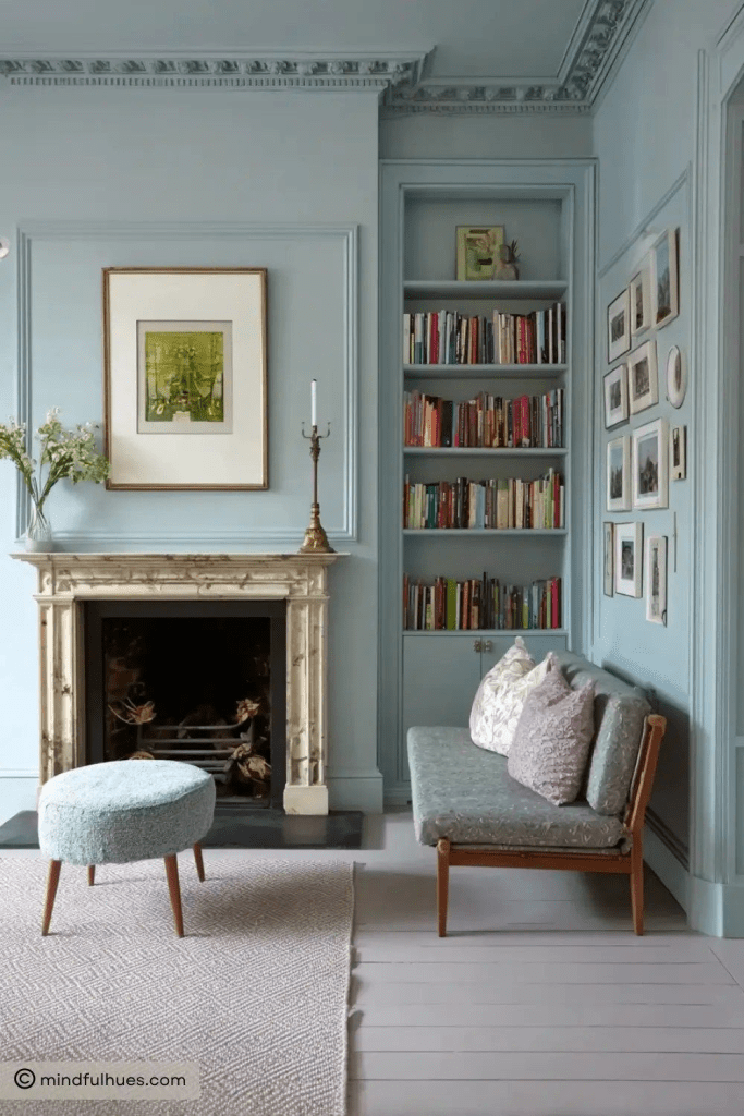 Pale blue color-drenched sitting room with marble fireplace, built-in bookshelf, gallery wall, upholstered bench, and textured rug.