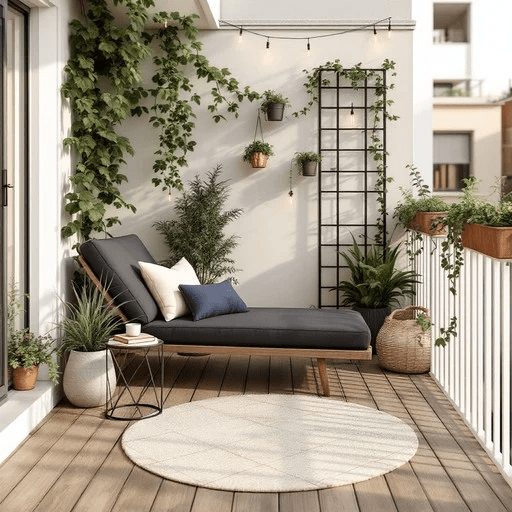 Cozy small balcony decor with black lounge chair, climbing greenery, potted plants, outdoor rug, and modern apartment patio styling.