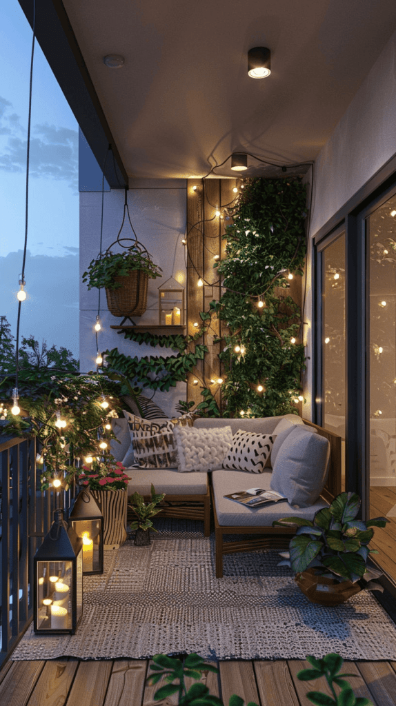 Cozy balcony decor at night with warm string lights, outdoor sofa, lantern candles, lush vertical plants, and a modern small apartment patio.