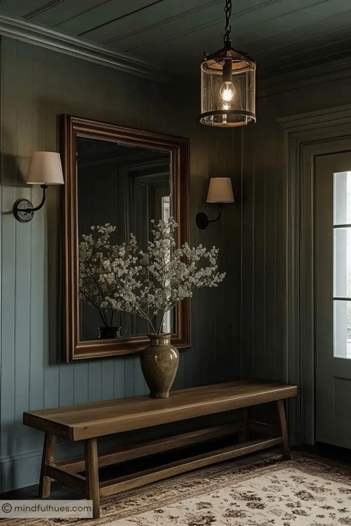 Dark green entryway with wood bench, framed mirror, vase of white blooms, wall sconces, hanging lantern, door and rug