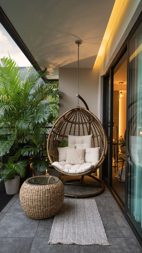 Small balcony decor with rattan hanging egg chair, tropical plants, woven table, outdoor rug, and cozy modern patio styling.