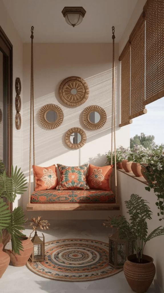 Boho small balcony decor with a wooden swing seat, colorful patterned cushions, woven mirrors, potted plants, and a round rug.
